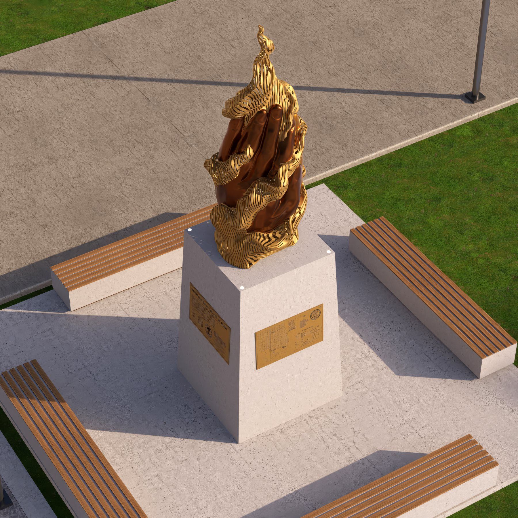 Rendering of the Miami Incorporators Monument: two clasped bronze hands wrapped in a rising gilded flame, on a stone plinth with bronze plaques, ringed by benches